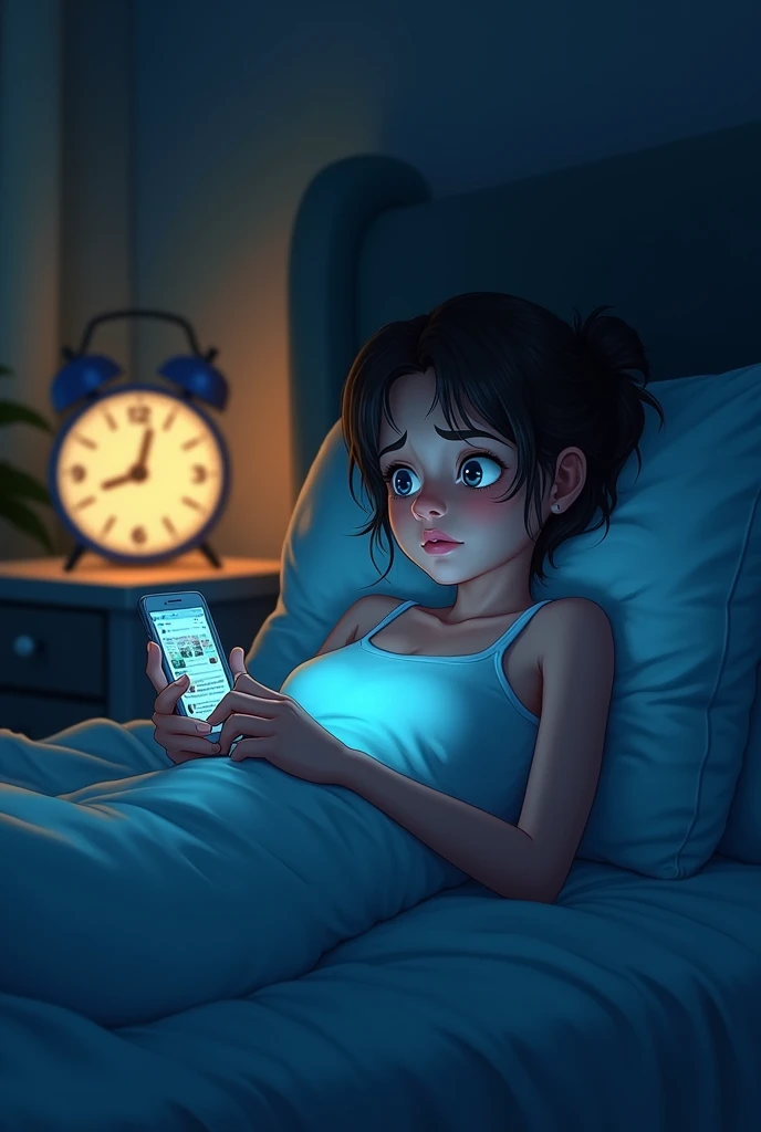 Someone in bed, with a cell phone in his hand and an expression of exhaustion, while the clock shows that it is 3 am and the cell phone screen is full of endless posts.