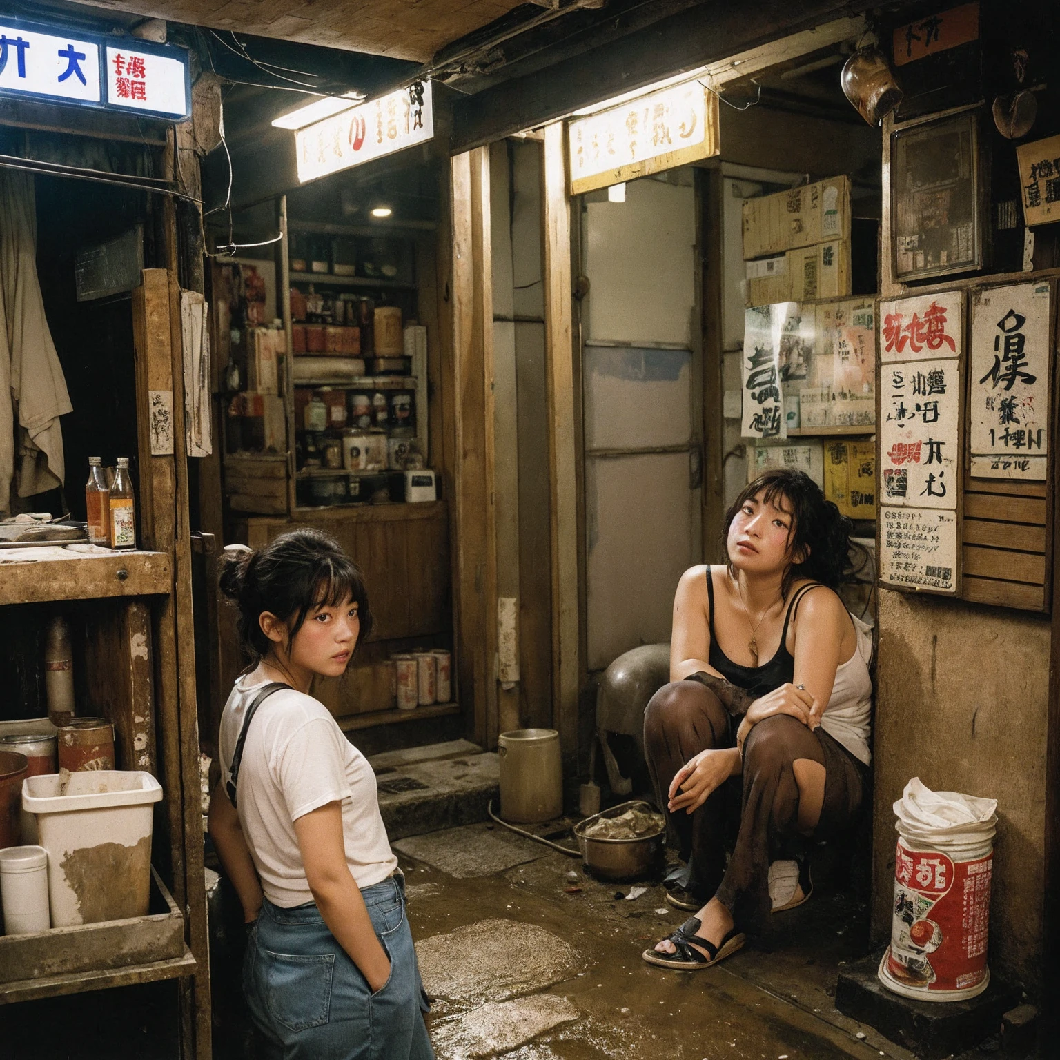 ((masterpiece、Highest quality))、Poor conditions、Japan 1980s, Dirty Standing Tavern、Old and dirty store, Unsanitary and dirty downtown Tokyo, Japan Streets, Girl's Shopkeeper、Poor workers、Photos of Japan in the 80s, Japan Streets, in the Tokyo cityscape, Kodachrome : : 8k yen, Vintage Photography, Printed matter from the 1970s