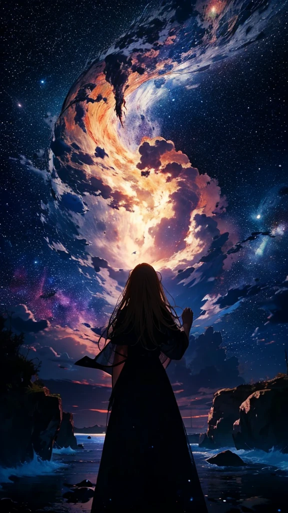 1people々々々,Blonde long-haired woman, Dress Silhouette, Rear View,Raise your hand to grab something,Space Sky, The boundary between sea and space,