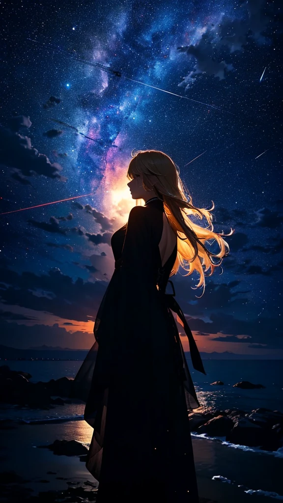 １people々々々,Blonde long-haired woman， Dress Silhouette， Rear View，Raise your hand to grab something，Space Sky, The boundary between sea and space，
