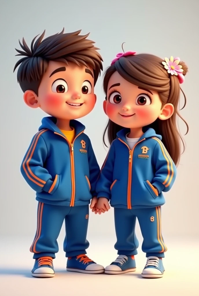 Animated image of a smiling 3-year-old boy and girl wearing a blue tracksuit, trousers and jacket with orange stripes
