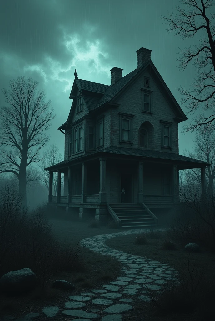 A haunted house, with a small staircase in front, a completely dry garden with a leafless tree. The sky behind the house is covered in rain clouds and through the window you can see the outline of a person.
