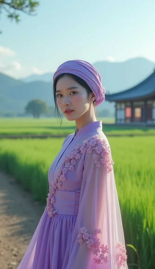 Long shot of a beautiful Korean woman wearing a purple high chiffon dress with pink floral pattern. She also wore a matching hijab., the background of a beautiful village, morning mood, green rice fields and clear sky boarding house realistic hologram image 180k
