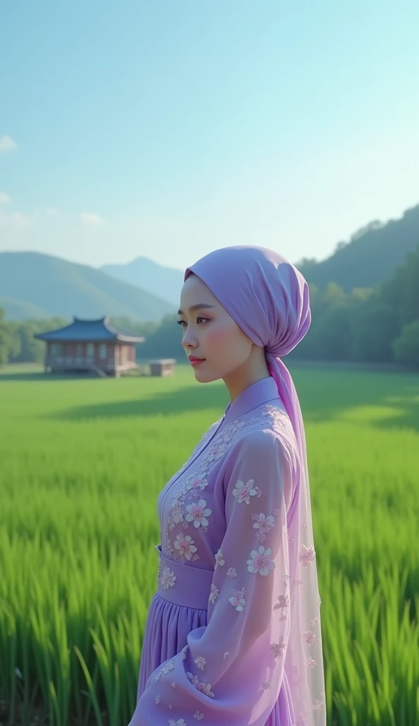 Long shot of a beautiful Korean woman wearing a purple high chiffon dress with pink floral pattern. She also wore a matching hijab., the background of a beautiful village, morning mood, green rice fields and clear sky boarding house realistic hologram image 180k