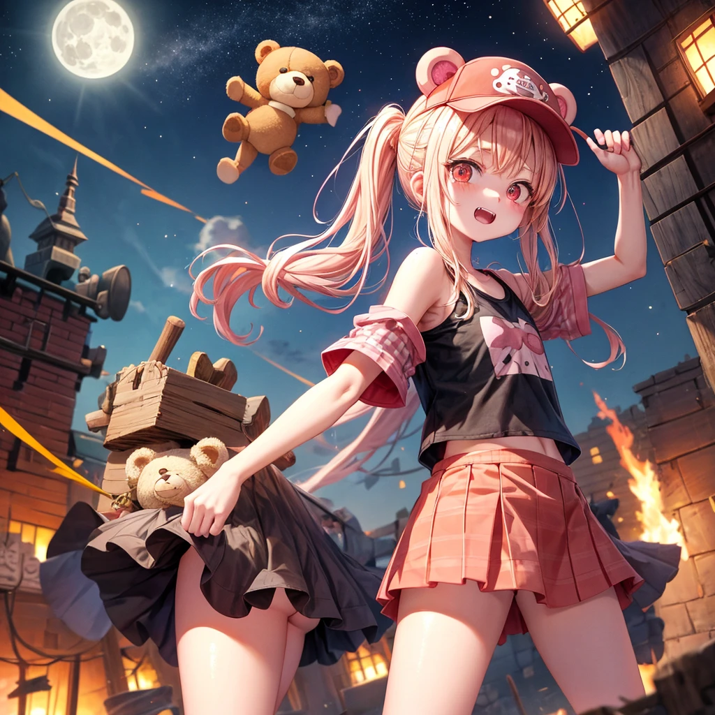 Pink Blonde、Red eyes、Hair tied up、One cute girl、solo、And soul、Checked mini skirt、black t-shirts、one piece、bear ears baseball cap、large tree、Thundercloud、Burning Full Moon、desert、Iron ore piles up、Teeth are visible、Fortress City、Tilting face、Starry Sky、firework、A teddy bear is jumping