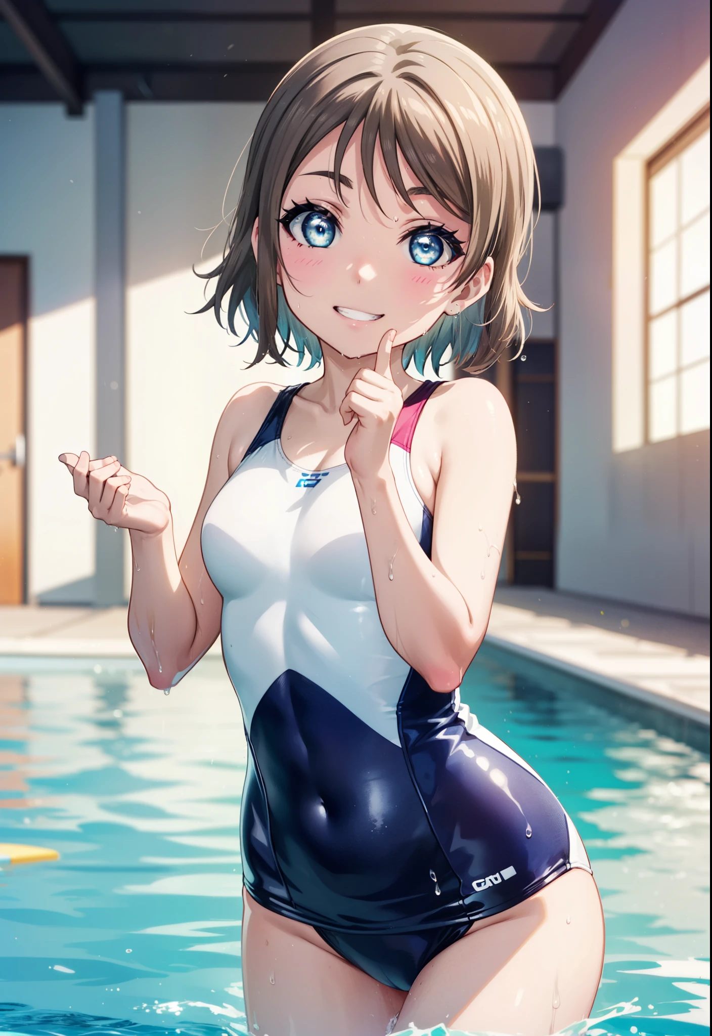 Yo Watanabe, Watanabe Yo, short hair, blue eyes, Brown Hair, smile, Grin,tooth,Swimsuit,barefoot,Wet swimsuit,Wet Skin,Wet Hair,Are standing,whole bodyがイラストに入るように,
break indoors, Indoor swimming pool,
break looking at viewer,whole body, (Cowboy Shot:1.5),
break (masterpiece:1.2), Highest quality, High resolution, unity 8k wallpaper, (figure:0.8), (Beautiful attention to detail:1.6), Highly detailed face, Perfect lighting, Highly detailed CG, (Perfect hands, Perfect Anatomy),