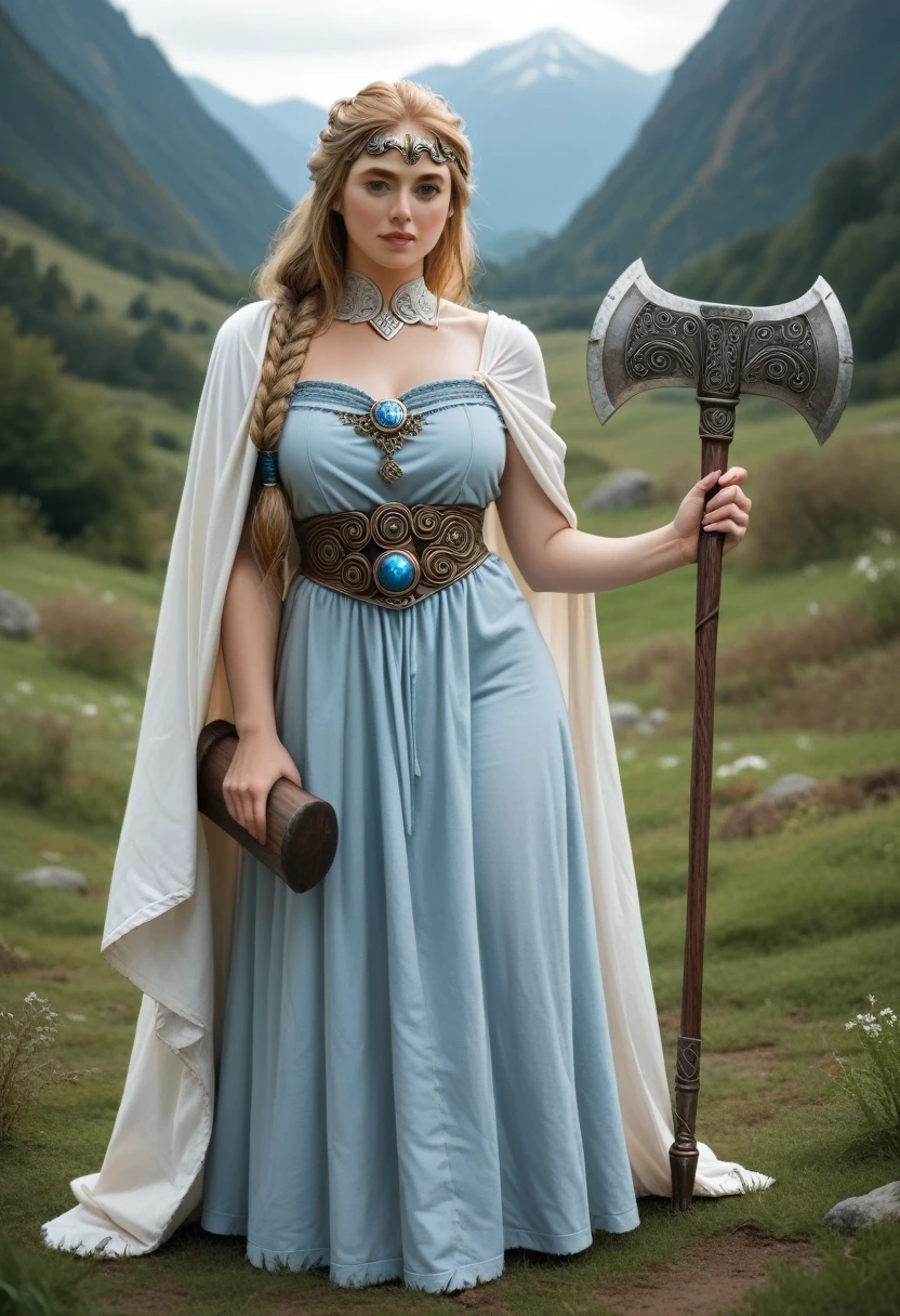 A beautiful photo of tween wearing a Norse style charcoal grey woolen gown with elegant pale azure blue princess style apron, runes of family, love, healing and protection are embroidered along it, with knee high stockings, white doeskin boots, and a beautiful cloak with silver white collar, has golden white hair. The hairstyle is elegant loose waves with a Dutch braided crown with a silver diamond circlet with a triforce gem, holding a magical axe, white leather magic bag, warrior princess, shadow cat is a pale grey-white, the color of thick mountain morning mist, beautiful curvy girl, k, ancient Norse, octane render, perfect eyes, wide hips, large saggy chest 