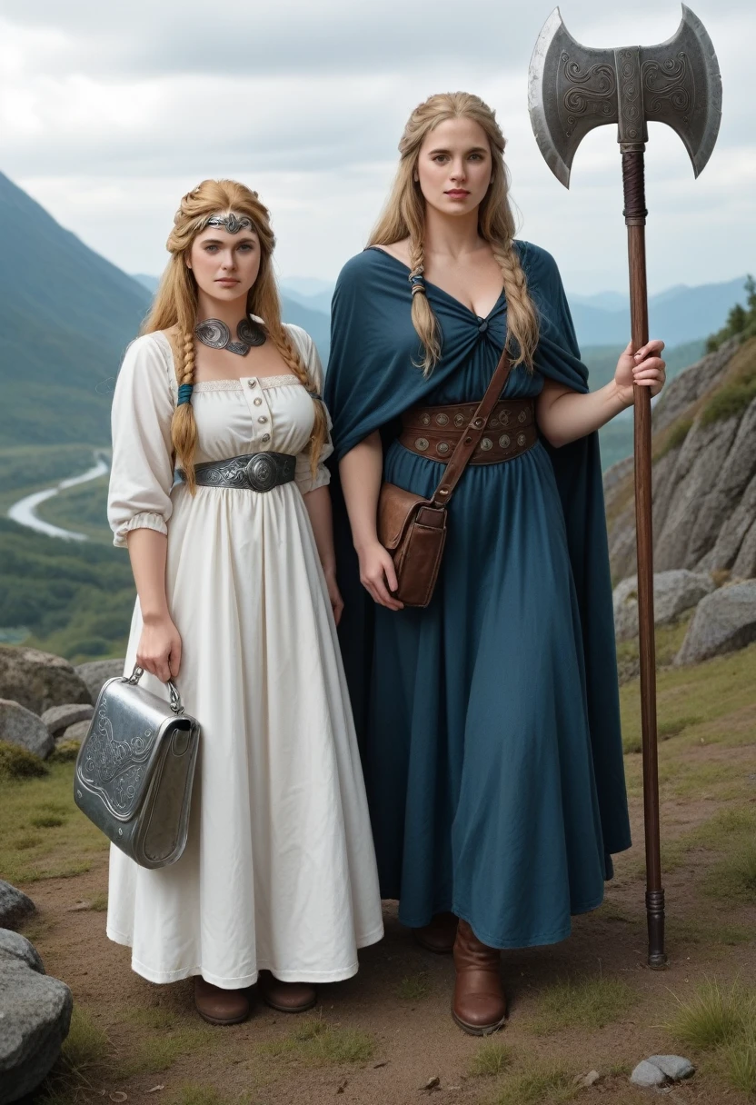 A beautiful photo of tween wearing a Norse style charcoal grey woolen gown with elegant pale azure blue princess style apron, runes of family, love, healing and protection are embroidered along it, with knee high stockings, white doeskin boots, and a beautiful cloak with silver white collar, has golden white hair. The hairstyle is elegant loose waves with a Dutch braided crown with a silver diamond circlet with a triforce gem, holding a magical axe, white leather magic bag, warrior princess, shadow cat is a pale grey-white, the color of thick mountain morning mist, beautiful curvy girl, 12k, ancient Norse, octane render, perfect eyes, wide hips, large saggy chest 