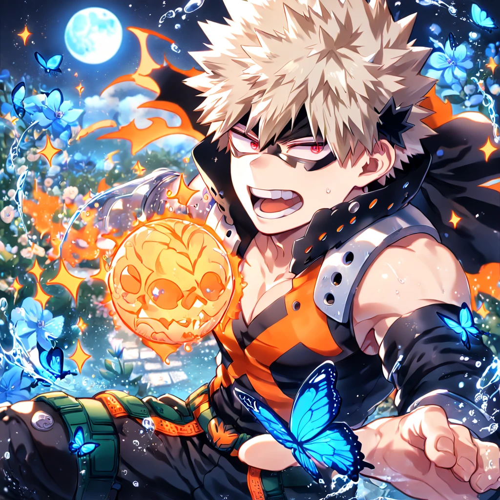 absurdres, highres, ultra detailed, HDR, master piece, best quality, extremely detailed, Bakugou Katsuki, ash-blonde hair, expressive red eyes, Boku No Hero Academia, solo, sexy man, handsome, manly man, black hero clothes, black eye mask, fantasy, magical, sparkling, water, blue moon, blue flowers, blue butterflies, blue petals, garden