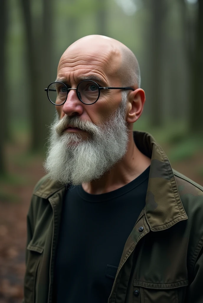 Caucasian man , barbas brancas , thin face, aquiline nose completely bald bald , round glasses with dark lenses , black tee, camouflage coat with forest in the background