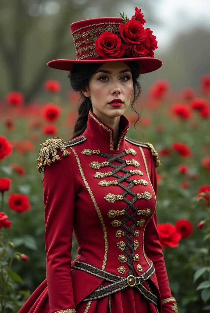 French costume, military, Victorian, sci fi, modern, futurist, Red flowers