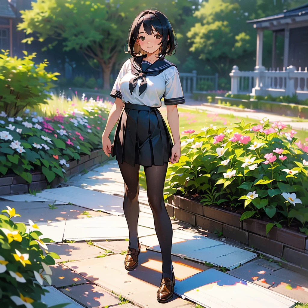 (Highest quality, High resolution, Super detailed, Realistic:1.37), Peaceful atmosphere, (Outdoor, garden), Teenage girl standing alone,(my breasts are big.),Beautifully detailed features, Cute Smile, ((Black bob hair)),Short-sleeved sailor uniform, Pleated skirt,Black tights,Brown leather shoes.