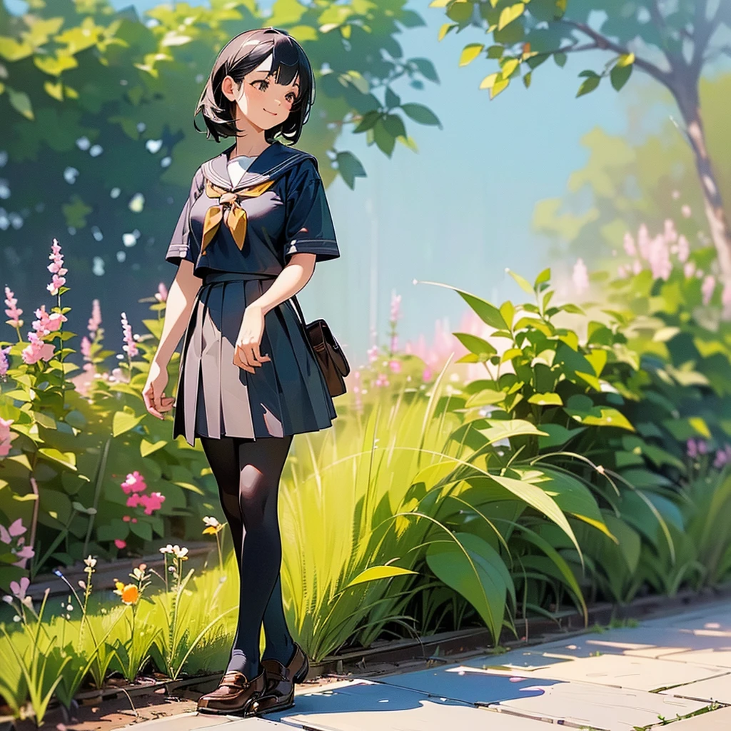 (Highest quality, High resolution, Super detailed, Realistic:1.37), Peaceful atmosphere, (Outdoor, garden), age girl standing alone,(my breasts are big.),Beautifully detailed features, Cute Smile, ((Black bob hair)),Short-sleeved sailor uniform, Pleated skirt,Black tights,Brown leather shoes.