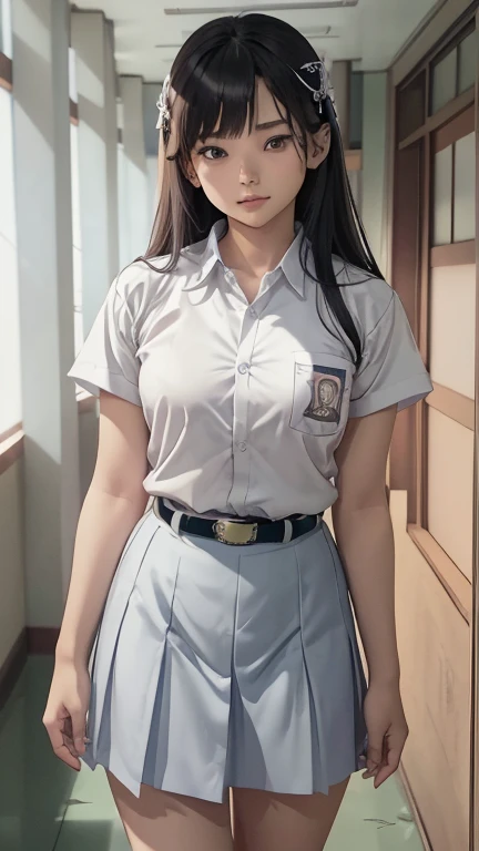 (1girl, solo, Shuna Kagami JAV_Japanese), (extremely detailed CG unit 8k wallpaper),(master part), (best quality), (ultra detail), (best illustration),(cewe-sma, from fitting, white shirt, gray skirt, belt), cowboy shot, (Sharp eyeliner, ombre, detailed eyes:1), school hallway background, break , upper body, 