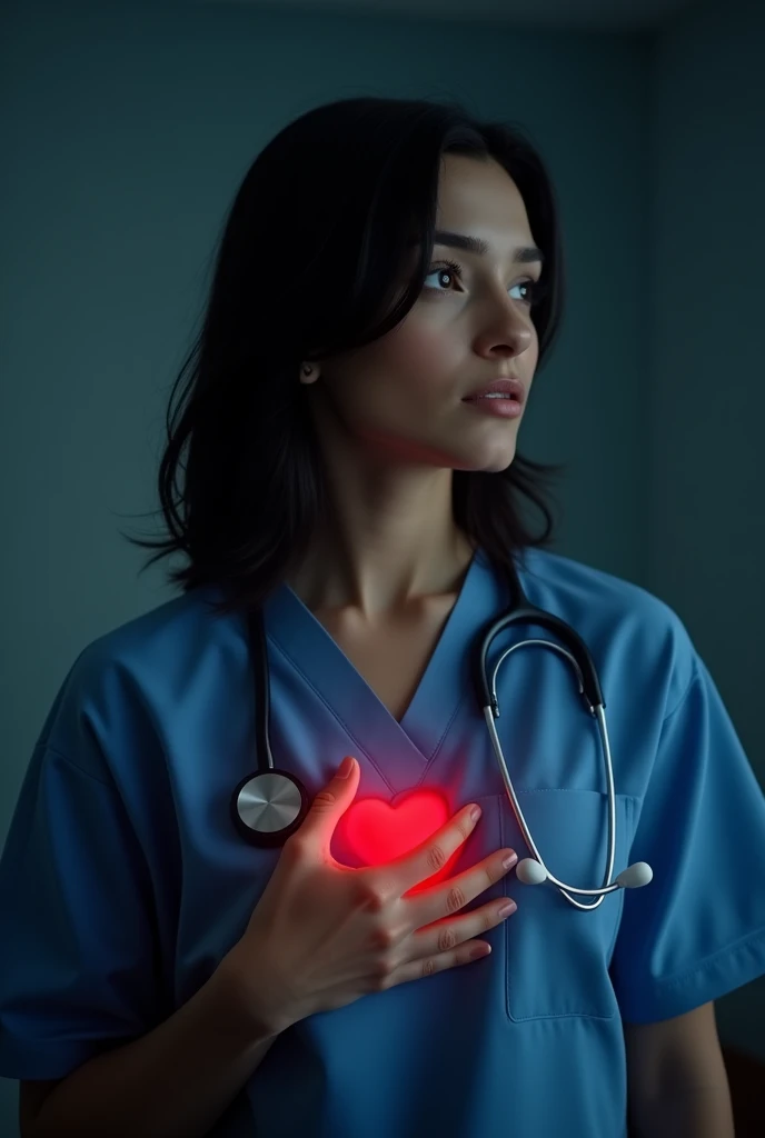 A female nurse with black hair is listening to her heartbeat with a stethoscope on her chest in a dark room