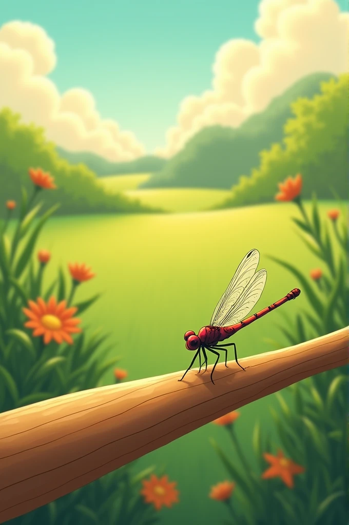Summer illustration of a dragonfly resting on a baseball bat