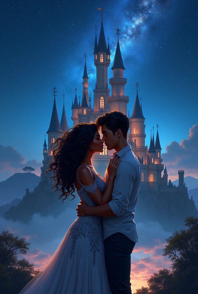 Create a cover for a book, it must be a couple hugging a black woman with long curly hair wearing a fancy dress and a man with short dark hair wearing simple clothes, the two must be in front of a castle with a starry sky, the sky attracts a lot of attention with lots of stars