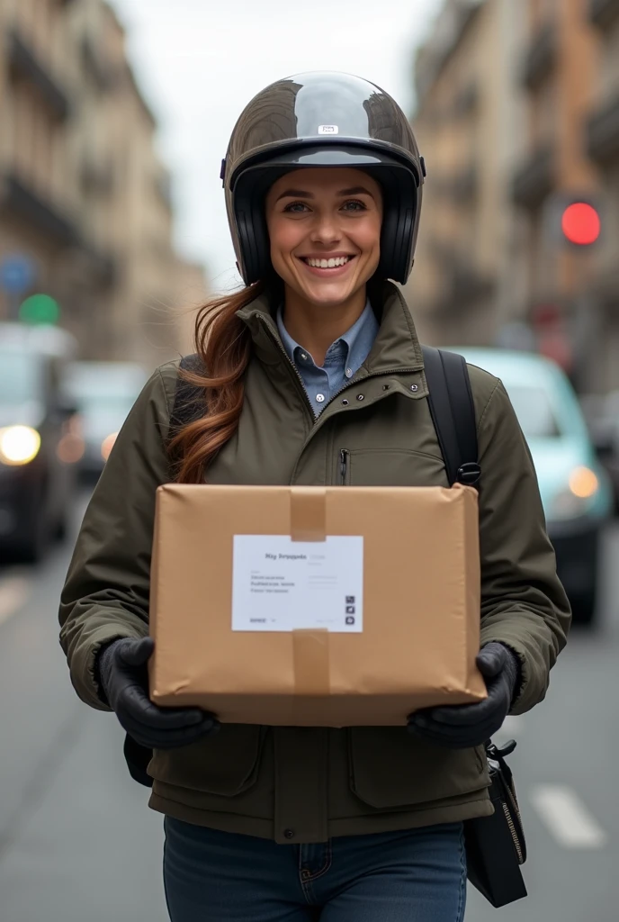 Female courier, Touring, On the way to deliver the package, On the streets of the city, Attention to detail, 4K, masterpiece.