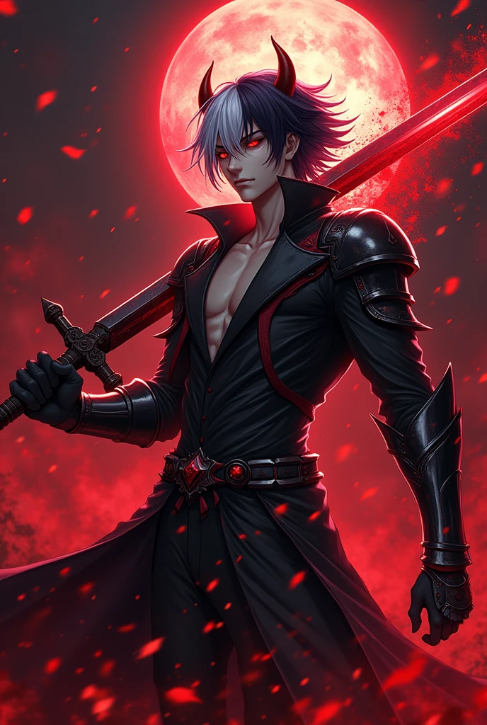 Main male anime character, half black hair and half white hair, red eyes, destroyed caslte, magic sword, villain, dark aura, revenge, devil armor, hate face