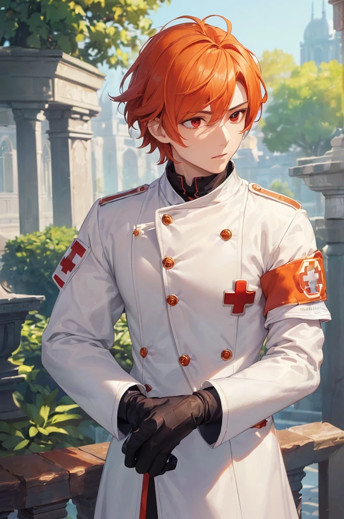 (((masterpiece; best quality: 1.2))), (finely detailed eyes: 1.3), ((1 young man)), ((solo)), (red eyes: 1.4), (body shape; lean, masculine, manly: 1.3), (very short orange hair: 1.3), (beautiful and clear background: 1.2), ((depth of field)), (equipment: high-fantasy medic garb + white long-sleeve overcoat + armband with red cross + black high-neck shirt + gloves: 1.3), (anime illustration: 1.2), (background composition; palace gardens + day: 1.1), (extremely fine and handsome: 1.1), (shot composition; standing + centered on face + bust close-up: 1.5), (facial expression; calm, stoic: 1.2)