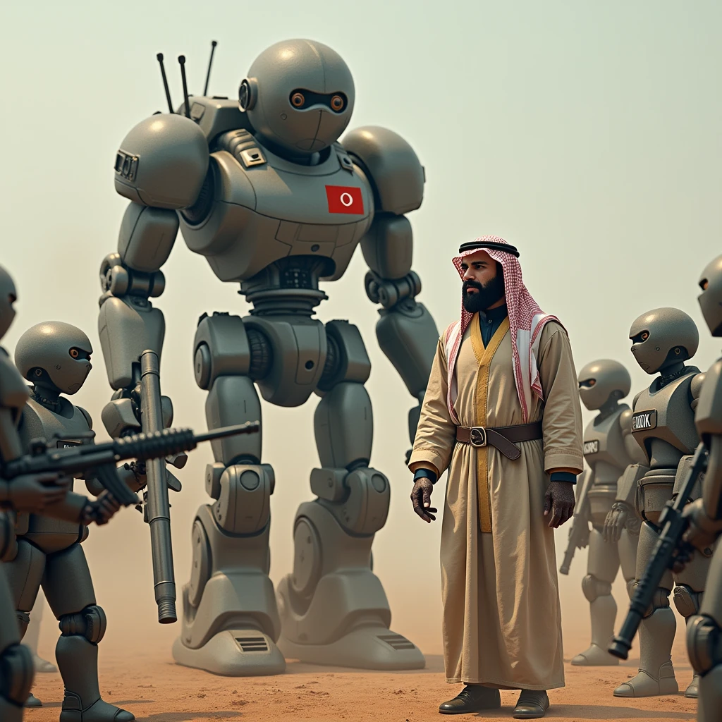 a realistic humanoid machine, holding a large gun in one hand, surrounded by medium-sized humanoid machines,
the medium-sized machines are holding a gun and pointing it at the large machine,
the large machine is ignoring them, the large machine has a small Turkish flag on its chest, the medium-sized Arab machine is standing in front of the large machine, the Arab machine has a note on its clothing, the large machine is patting the Arab machine's head with its other hand, the Arab machine's note says adnan