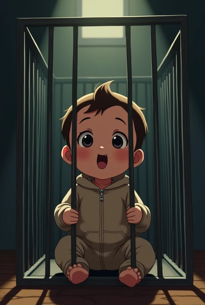 Cinematic Anime style. Manga art. TME0224 face, (((a baby boy, 4 year old))) in a funny night (((wearing a baggy onesie without a zipper with hands in mitts))), (((inside a tiny closed cage behind bars, sitting with the legs sticking out, frontal view))). cinematic lighting, drop shadow, masterpiece, UHD, anatomically correct, textured skin, super detail, high details, high quality, best quality, 4K, full body