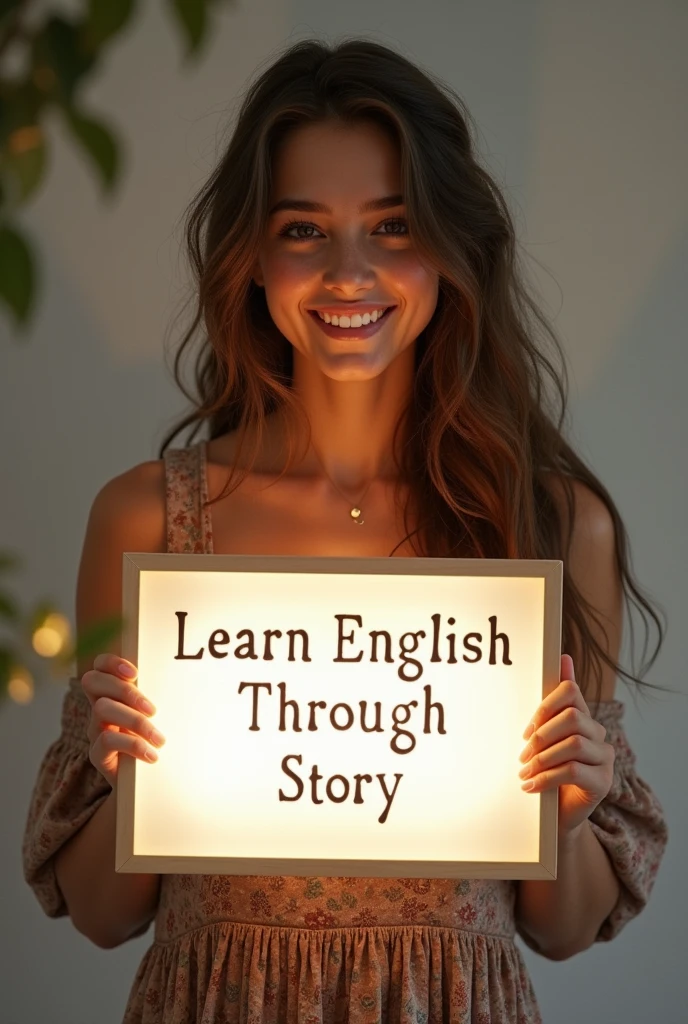 Beautiful girl about 19 years,with heart-warming smile and wavy long hair, bohemian dress, holding a white board with text "learn English Through Story" and showing it to the viewer, the board is glowing with the text.