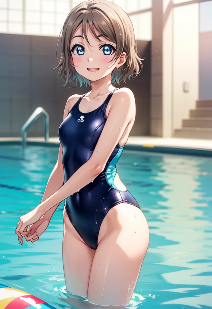 Yo Watanabe, Watanabe Yo, short hair, blue eyes, Brown Hair, smile, Grin,tooth,Glasses,Swimsuit,barefoot,Wet swimsuit,Wet Skin,Wet Hair,Standing by the pool,whole bodyがイラストに入るように,
break indoors, Indoor swimming pool,
break looking at viewer,whole body, (Cowboy Shot:1.5),
break (masterpiece:1.2), Highest quality, High resolution, unity 8k wallpaper, (figure:0.8), (Beautiful attention to detail:1.6), Highly detailed face, Perfect lighting, Highly detailed CG, (Perfect hands, Perfect Anatomy),