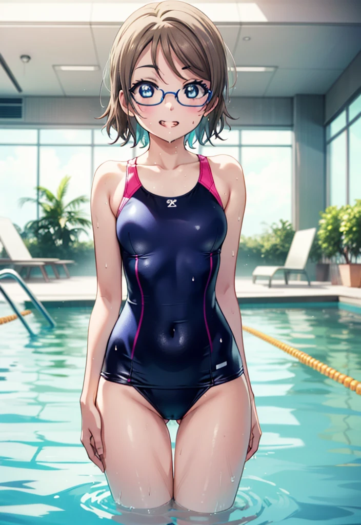 Yo Watanabe, Watanabe Yo, short hair, blue eyes, Brown Hair, smile, Grin,tooth,Glasses,Swimsuit,barefoot,Wet swimsuit,Wet Skin,Wet Hair,Standing by the pool,whole bodyがイラストに入るように,
break indoors, Indoor swimming pool,
break looking at viewer,whole body, (Cowboy Shot:1.5),
break (masterpiece:1.2), Highest quality, High resolution, unity 8k wallpaper, (figure:0.8), (Beautiful attention to detail:1.6), Highly detailed face, Perfect lighting, Highly detailed CG, (Perfect hands, Perfect Anatomy),