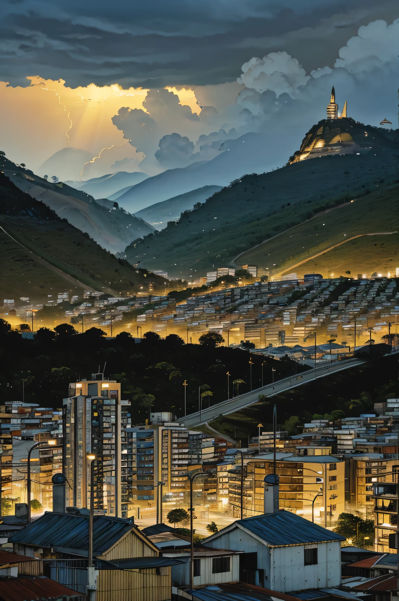 Brazilian favela, morning, sunny day, blue sky, houses, small buildings, staircase, slopes, hills, view of the big city in the distance, with large skyscrapers, cinematic lighting, wide shot, atmospheric perspective, god rays, sideways, from below, UHD, masterpiece, accurate, anatomically correct, textured skin, super detail, high details, high quality, award winning, best quality, highres