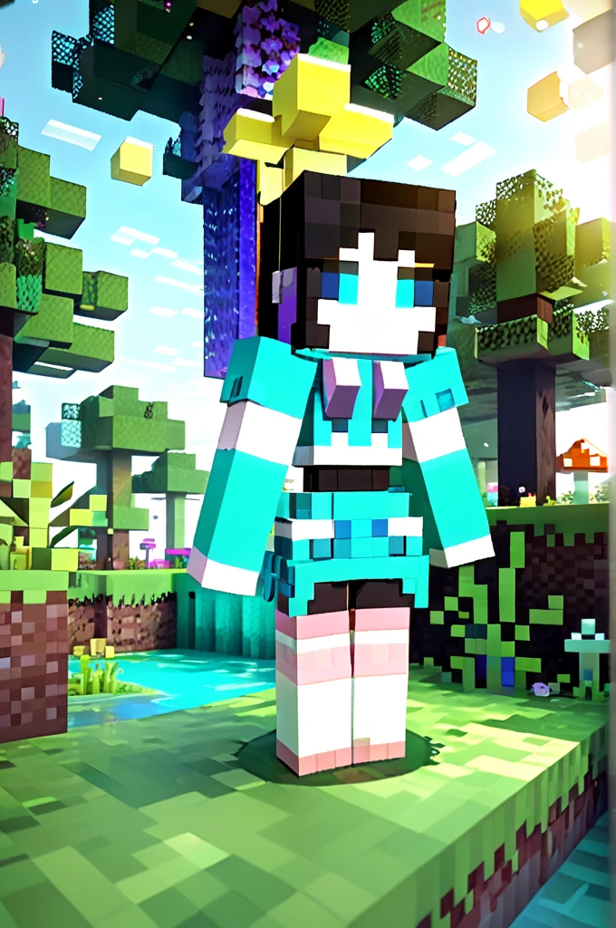 1girl, minecraft, fantasy landscape, low poly style, voxel art, cute chibi, big eyes, beautiful detailed face, soft pastel colors, magical glowing particles, floating islands, blocky trees, whimsical mushrooms, detailed grass and foliage, sunbeams, cinematic lighting, photorealistic, 8k, highres, best quality, masterpiece
