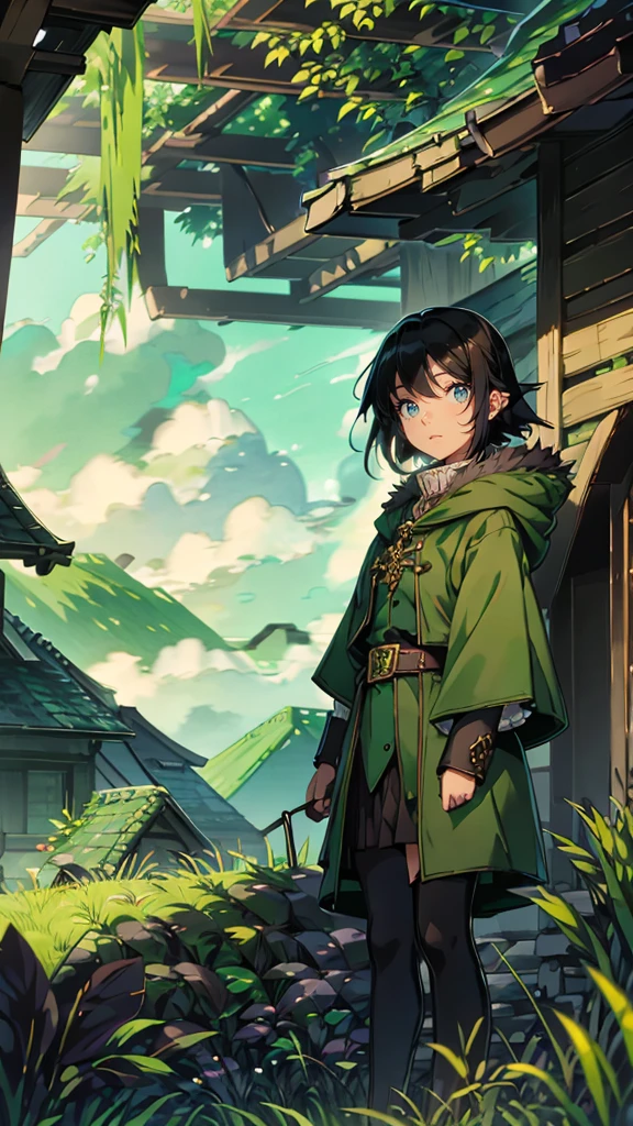 yuichiro hyakuya girl, (WithoutFear:1), 1 girl, black hair, green eyes, brown coat, gray armor, elves, sylvan, green shield, green cloak, dark brown gloves, forest, white fur trim, anime, standing, good quality, portrait, looking at viewer