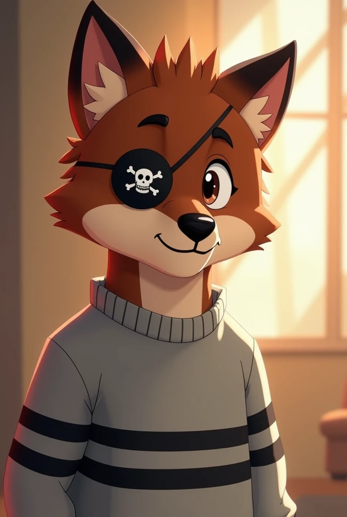 generates a brown 2D boy furry wolf in an anime cartoon style and that has a pirate patch on his left eye, also add a light gray sweater with black horizontal stripes on his sweater that the environment is his room
