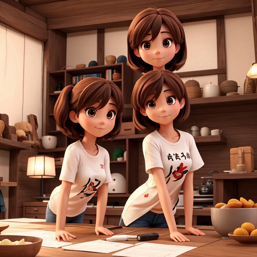 Brown bob hair　A cute half-Japanese woman who looks like Anna Morisige　Wide-eyed white T-shirt　In the middle of the shirt　Print frame