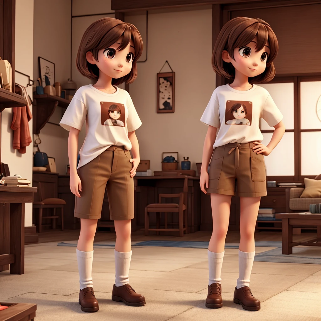 Brown bob hair A cute half-Japanese woman who looks like Anna Morisige Wide-eyed white T-shirt In the middle of the shirt Print frame