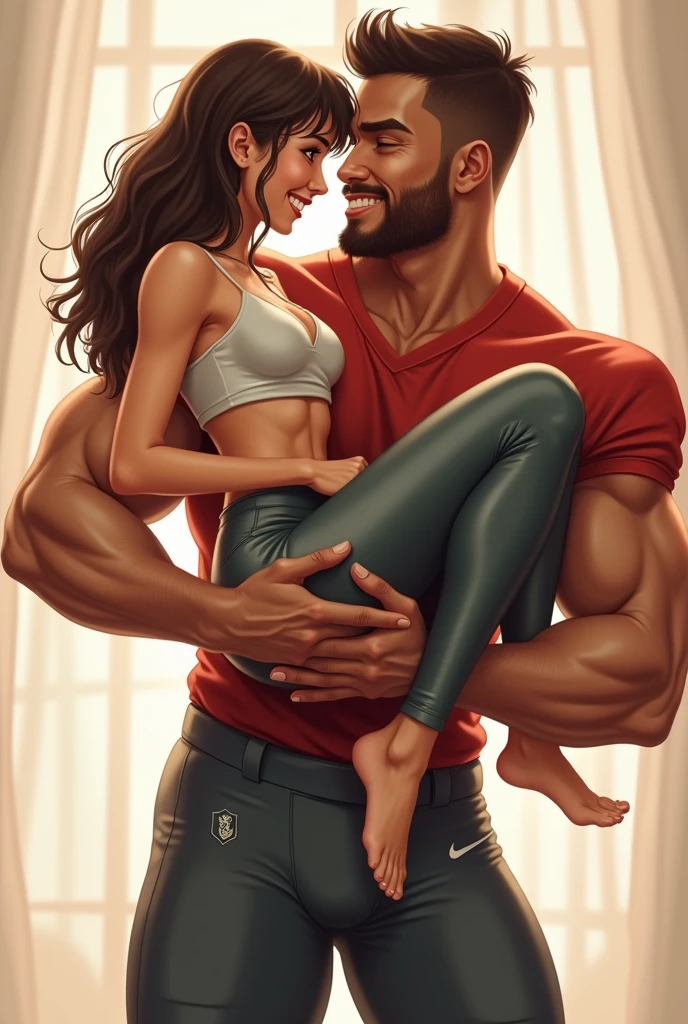 Pretty cute smiling girl wearing a crop top and satin leggings barefoot being carried by a muscular football player