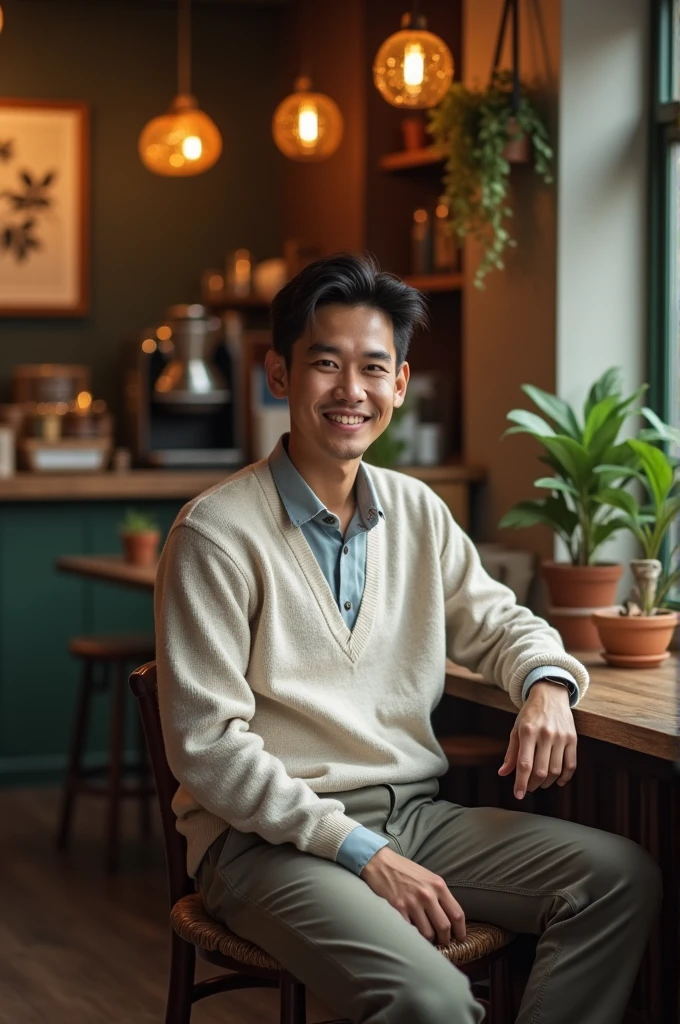 1 a 20 year old vietnamese man smiling gently slightwearing long pants, shirt and sweater and sitting posing for camera in a vietnamese coffee shop