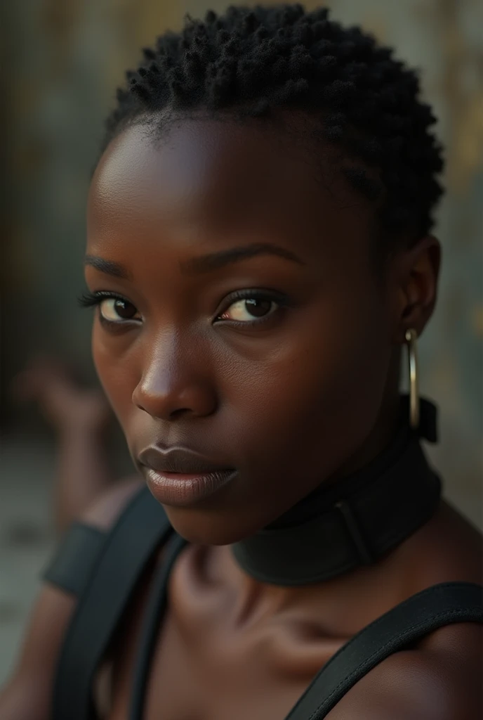 african woman, young, naked, short hair, dimples, thick belt around neck, tied to floor by black restraints, bondage, close-up, UHD, retina, masterpiece, accurate, anatomically correct, textured skin, super detail, high details, high quality, award winning, best quality, highres