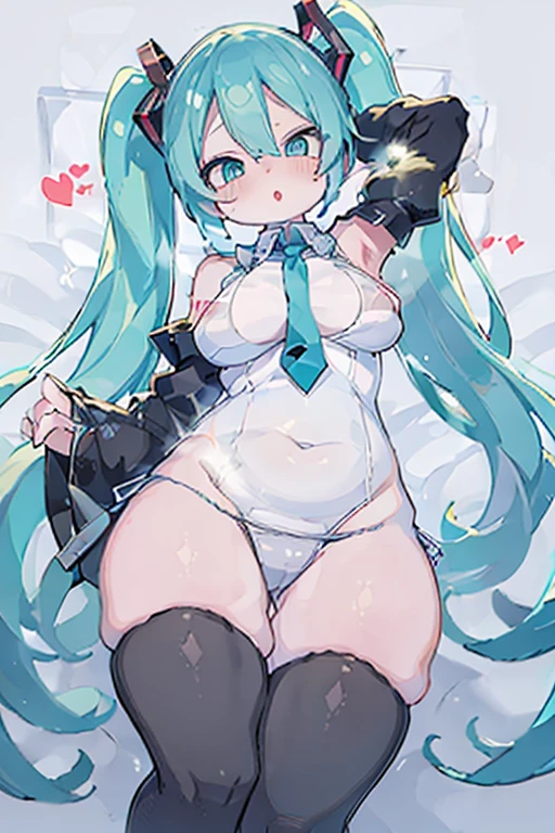 ((((sexy))))((((hentai))))hatsune miku, 1girl, solo, long hair, breasts, thighhighs, navel, twintails, swimsuit, heart, bikini, thighs, detached sleeves, necktie, striped, black thighhighs, armpits, arm up, aqua eyes, aqua hair, thick thighs, between breasts, curvy, alternate breast size, striped bikini, plump, blue necktie, necktie between breasts, aqua necktie