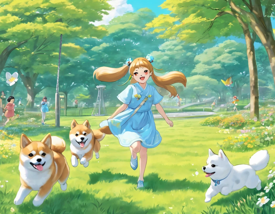 Light blue long hair、Beautiful girl with twin tails、A park full of grass and flowers、There are slides and swings、Five little characters playing、My beloved Shiba Inu dog is running around happily.、