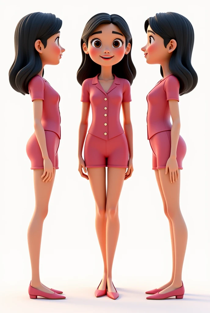 3D Disney Pixar girl, 15 years old, cute, with shoulder-length black hair, brown eyes, wearing a short formal jumpsuit

in shorts with several buttons in rows on the front in pink, with beautiful makeup, multiple positions, different poses and smiling expressions. White background