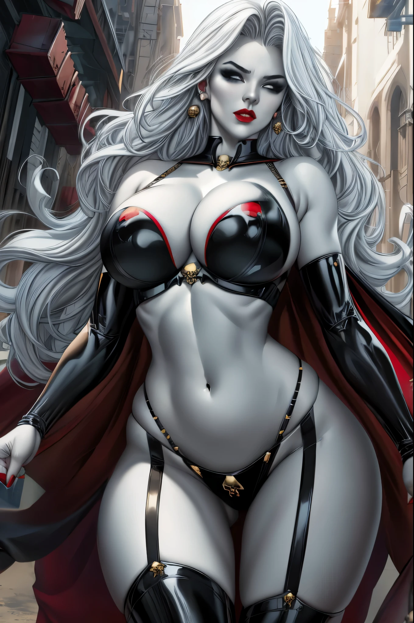 CARTOON_lady_death_bikini, blank_eyes,long hair,breasts,white hair,makeup,colored skin,navel,lipstick,large breasts,wavy hair,white skin,lips,curly hair,red lips,very long hair,toned, narrow_waist, curvy,pale skin,thighhighs,cape,cleavage,jewelry,earrings,garter straps,garter belt,gloves,piercing,red cape,blood,elbow gloves,armor,black legwear,collar,thong,black bikini,skull earrings, 
 official art,extremely detailed CG unity 8k wallpaper, perfect lighting,Colorful, Bright_Front_face_Lighting,shiny skin, (masterpiece:1.0),(best_quality:1.0), ultra high res,4K,ultra-detailed, photography, 8K, HDR, highres, (absurdres:1.2), Outfit Spring, Summer Casual, Beach Casual,, (bokeh:1.2), lens flare, (vibrant_color:1.2), (beautiful_face:1.5),