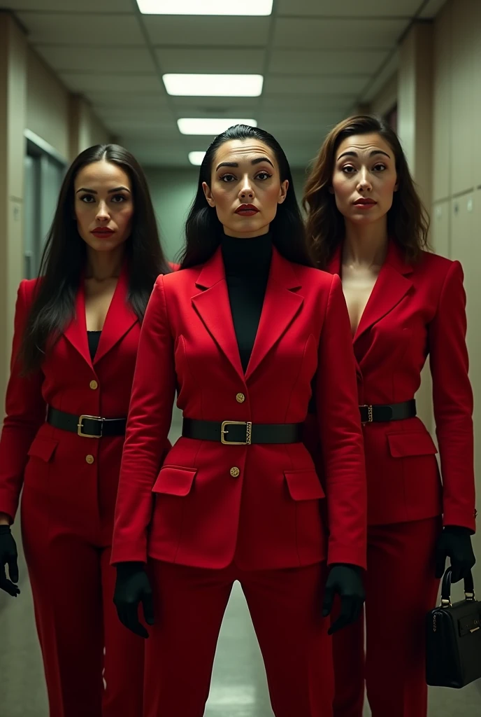 3 women getting ready to hold up a bank in sexy Casa de Papel outfits 