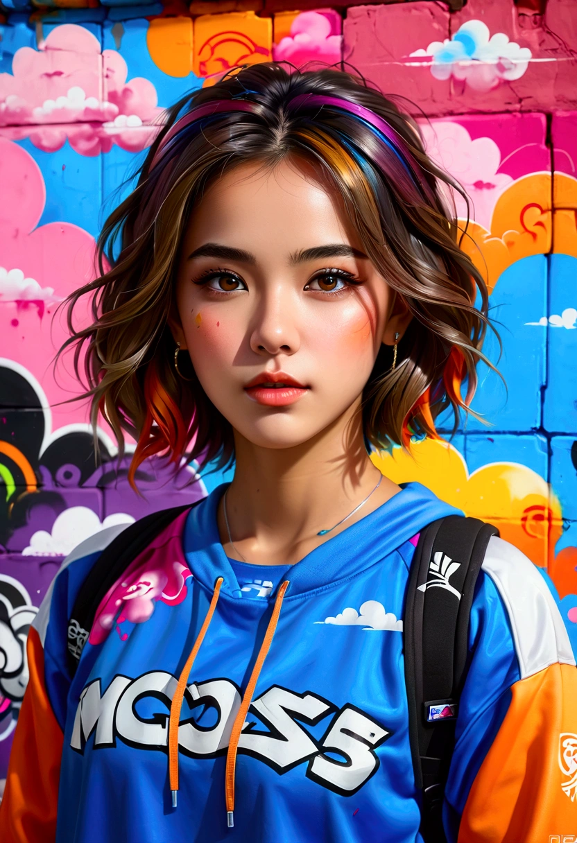 (best quality), masterpiece, Highly detailed CG uniform 8K illustration, high color, extremely high color saturation, All colors have deepened., Paint, graffiti art, Center composition, Highly detailed lights and shadows, graffiti wall, wall Painted bright, 소녀 1명 graffiti wall을 바라보는 소녀 1명, Highly detailed face and eyes, medium length hair, Sportswear, colored clouds