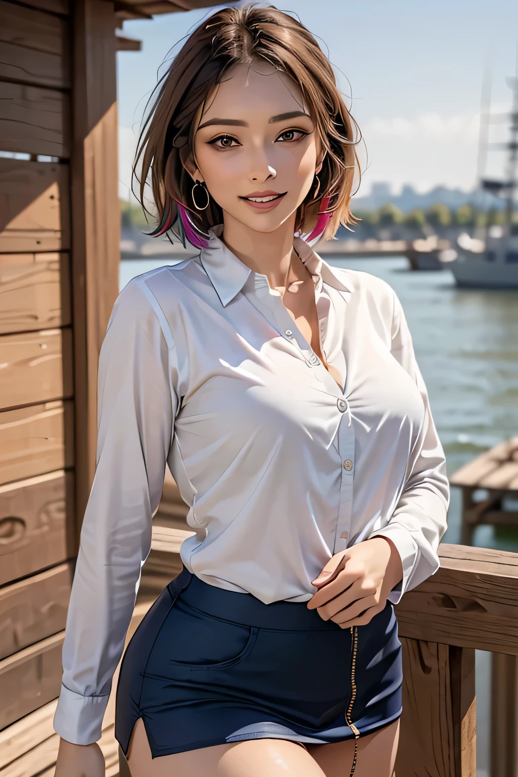(masterpiece:1.2, Highest quality), (Realistic, photoRealistic:1.4), Beautiful illustrations, (Natural Side Lighting, Cinema Lighting),
View your audience, Cowboy Shot, Front view, 1 girl, middle aged, Perfect Face, Beautiful symmetrical face, (Sunburn, Sunburn跡),
(Bob Hair), (Missile Chest:0.6, Captivating thighs, Big Ass), Earrings,
Beautiful Hair, Beautiful Face, Beautiful attention to detail, Beautiful clavicle, Beautiful body, Beautiful breasts, Beautiful thighs, Beautiful legs, Beautiful fingers,
((Colorful long sleeve collared shirt, Navy Mini Skirt)),
(Beautiful views), evening, River side, walk, (Cute Smile, Upward glance),