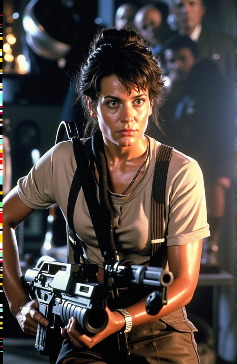 (sigourney weaver as ellen ripley from aliens,grainy TV still,35mm,1986 film, (((erotic-pose, forefront shot of full figure , detailed pvc figurine of angry ellen ripley on a metal base))), dramatic lighting,side view,hourglass figure,wearing a off white tight-singlet huge breasts cold pokethrough straining tight-singlet,grey cargo pants suspenders , brown army boots,brown hair,brown eyes,sweaty dirty skin,angry,holding a pulse rifle on shoulder sling erotic-pose:1.3) ,(background on table at Comic Con convention, baNNERS CROWDS COSPLAYERS STALLs tv screens anime comics,people,bustling,shallow depth of field:1.2)