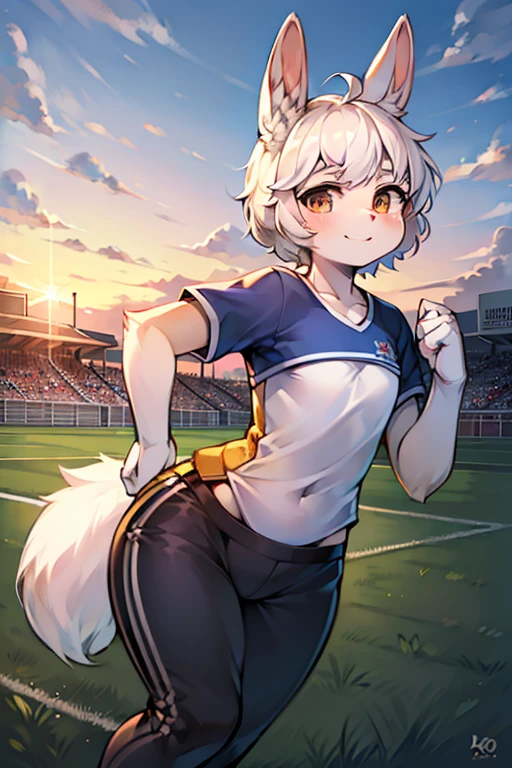 masterpiece,best quality,super detailed,super fine illustration,8k,(fullface brasched:1.3),masterpiece,best quality,detailed background,BREAK perfect face,perfect legs,perfect hands,BREAK sports uniform,sports pants,BREAK soccer player BREAK soccer field,soccer stadium,sunset,detailed background,beautiful background,BREAK she is playing soccer.BREAK (white rabbit years:1.2),rabbit girl,short hair,girl,Small breasts,white hair,little smile