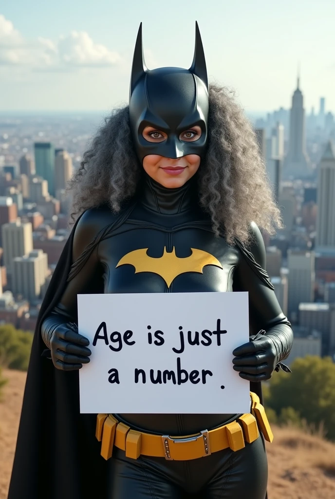A beautiful youthful looking Hispanic version of a gray haired Ariana Grande as a 50 years old woma n with long her completely gray hair in a big curls styles as the superhero batwoman wearing a batw oman costume with a hood standing on top of a hil I overlooking a big city holding a white board with text "I age is just a number" and showing it to the viewer