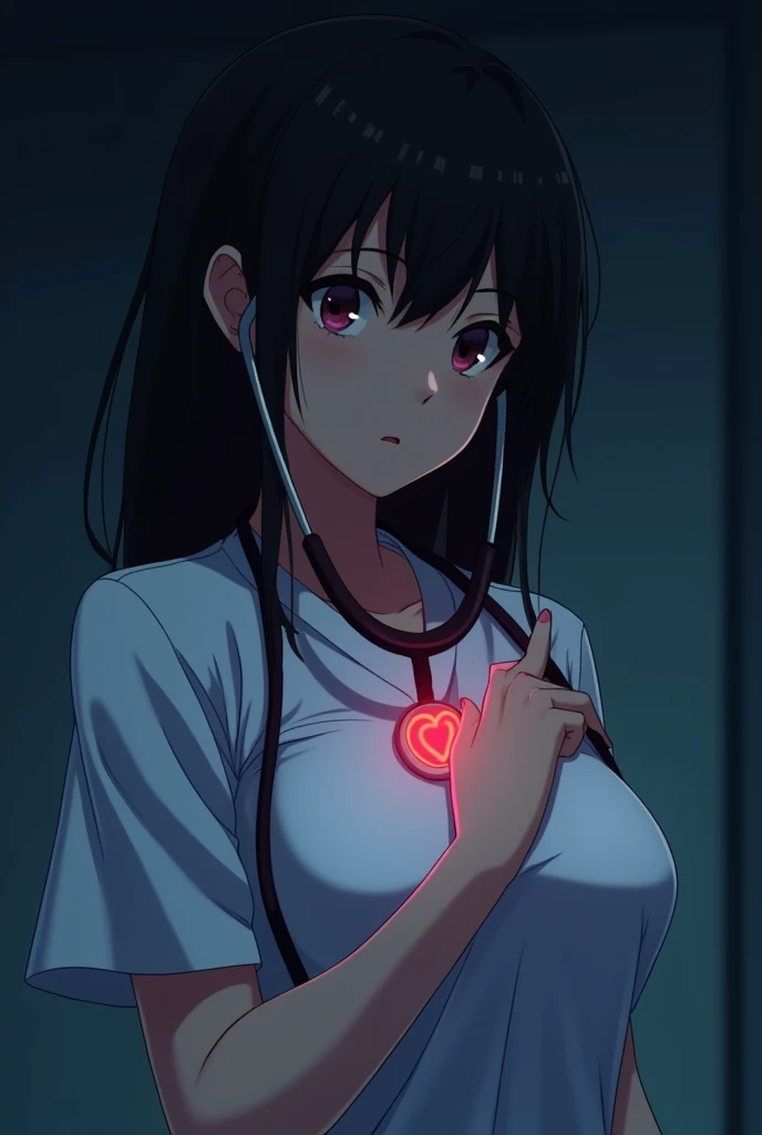 A female nurse with black hair is listening to her heartbeat with a stethoscope on her chest in a dark room Anime style images Sexy breasts