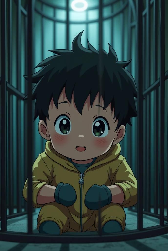 Cinematic Anime style. Manga art. TME0224 face, (((a baby boy, 4 year old))) in a funny night (((wearing a baggy onesie without a zipper with hands in mitts))), (((inside a tiny closed cage behind bars))). cinematic lighting, drop shadow, masterpiece, UHD, anatomically correct, textured skin, super detail, high details, high quality, best quality, 4K, full body